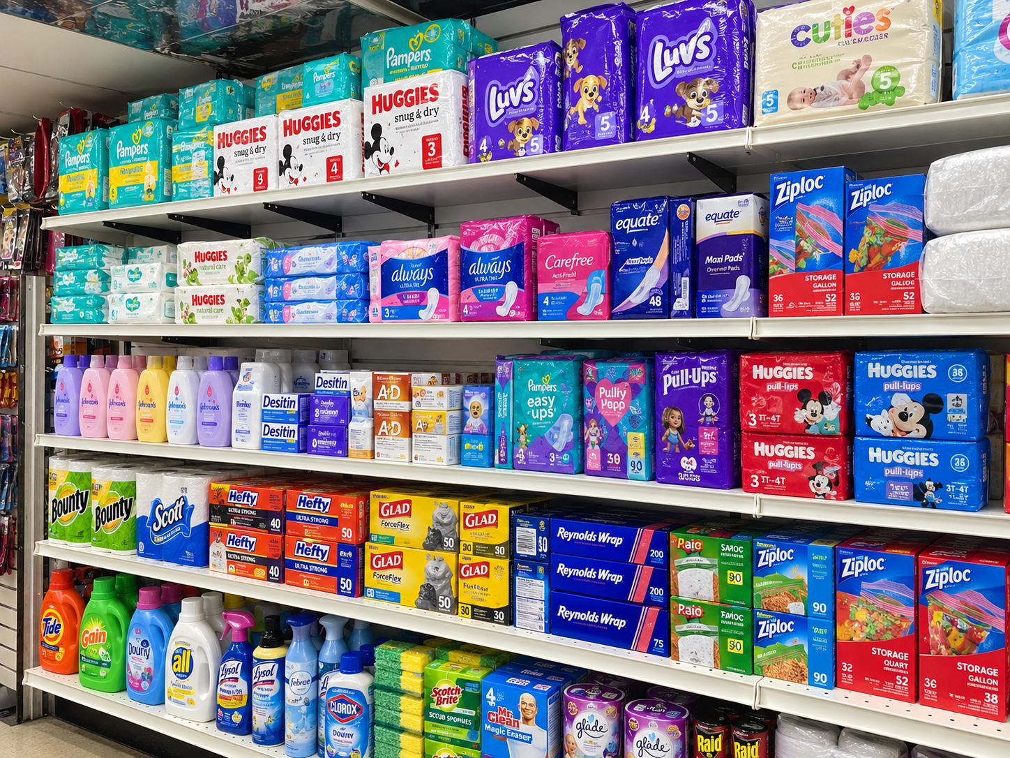 Beauty and personal-care items on the shelves at AB Grocery Mart