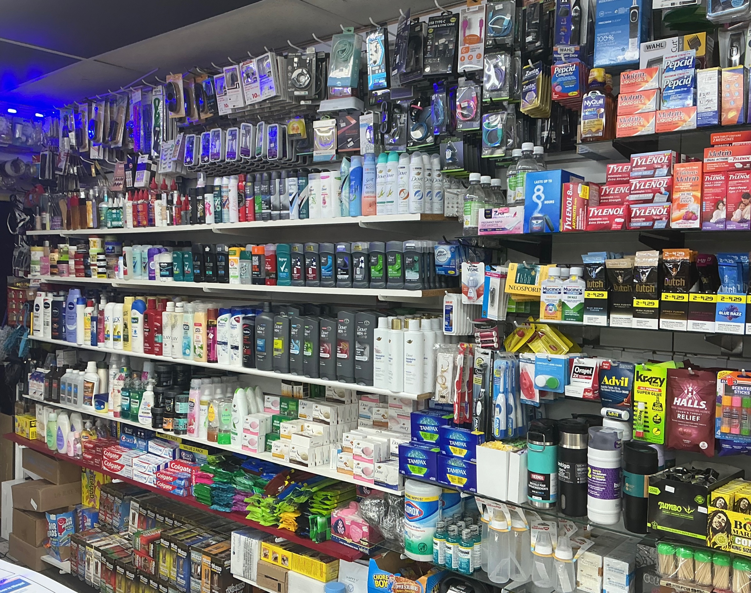 Electronics and convenience accessories on display at AB Grocery Mart