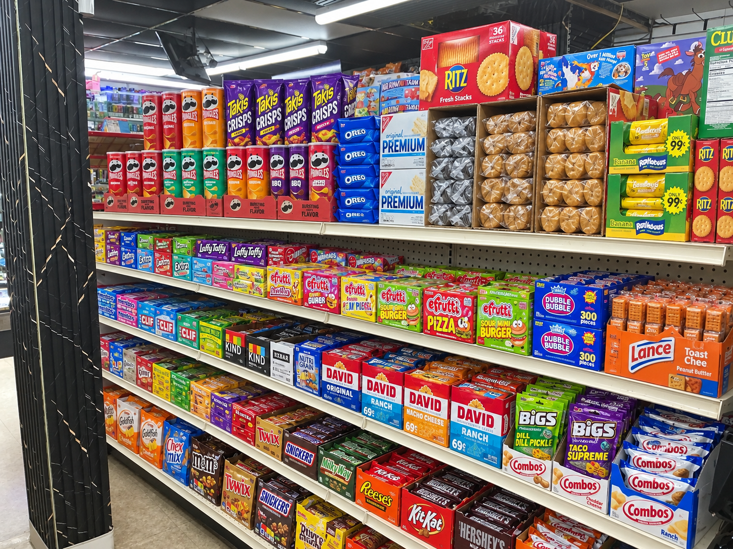 Snacks and candy on display at AB Grocery Mart